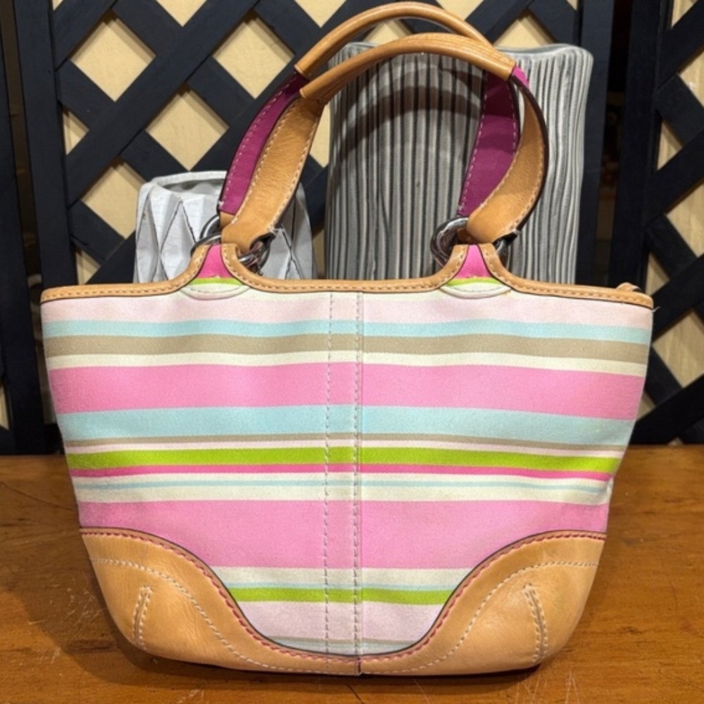 Coach Striped Signature Small Tote in Pink and Tan - Picture 3 of 12
